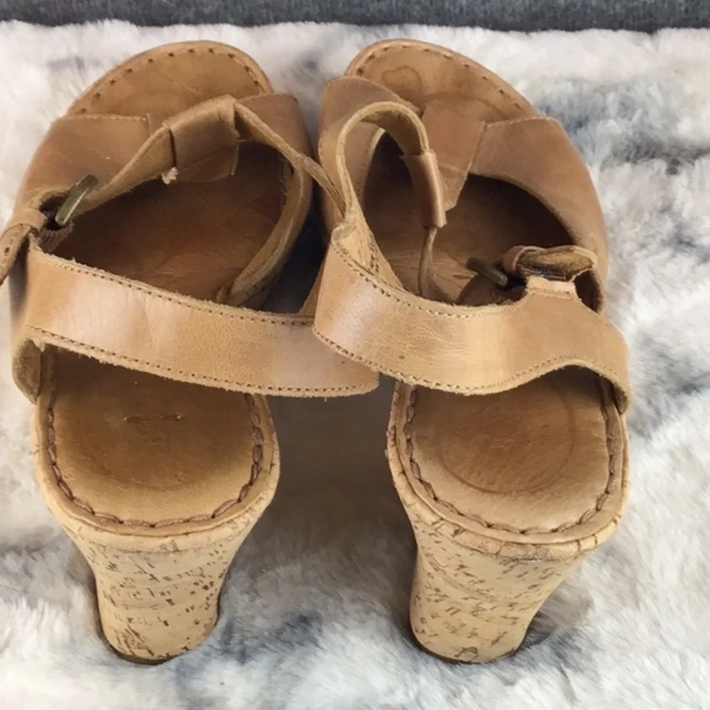 Born Leather Sandals‎ Cork Wedge T-Strap Platform Boho Wedge Sz 10